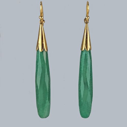 antique jade drop earrings 18ct gold teardrop dangle edwardian earrings circa 1910 - CATEGORY: ANTIQUE JEWELLERY - DATED EDWARDIAN