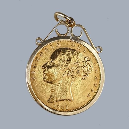 victorian full sovereign coin pendant 22ct gold 1861 young bun head 9ct gold mount - CATEGORY: ANTIQUE JEWELLERY - DATED VICTORIAN