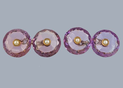 fig 2. ANTIQUE AMETHYST CUFFLINKS Edwardian 9ct Gold Split Pearl and Carved Amethyst Cuff Links