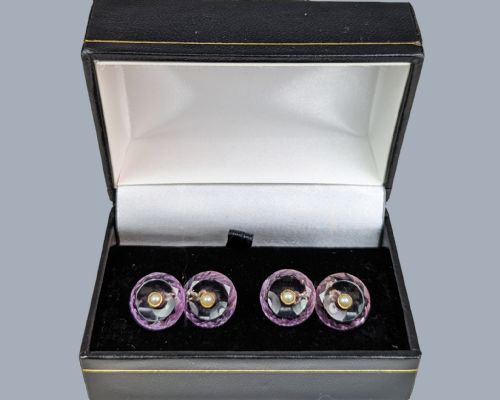 fig 3. ANTIQUE AMETHYST CUFFLINKS Edwardian 9ct Gold Split Pearl and Carved Amethyst Cuff Links