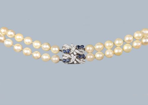 VINTAGE DOUBLE STRAND PEARL NECKLACE 18K GOLD DIAMOND SAPPHIRE CLASP 1950S 2 ROW - ADDITIONAL PHOTO 7