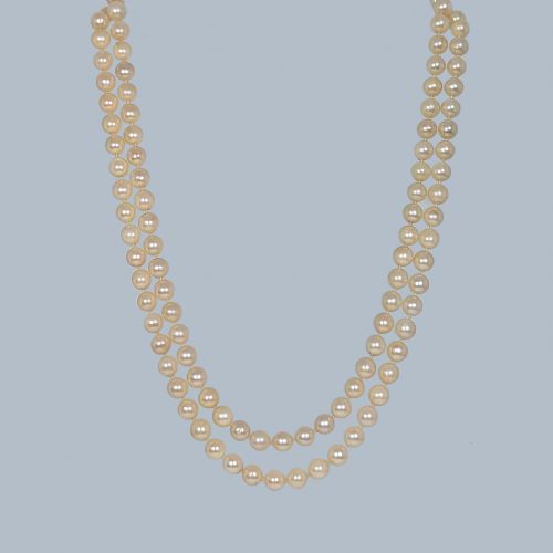 VINTAGE DOUBLE STRAND PEARL NECKLACE 18K GOLD DIAMOND SAPPHIRE CLASP 1950S 2 ROW - ADDITIONAL PHOTO 8