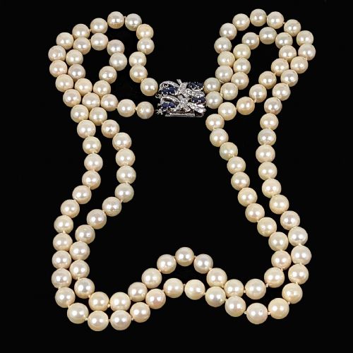 VINTAGE DOUBLE STRAND PEARL NECKLACE 18K GOLD DIAMOND SAPPHIRE CLASP 1950S 2 ROW - ADDITIONAL PHOTO 9