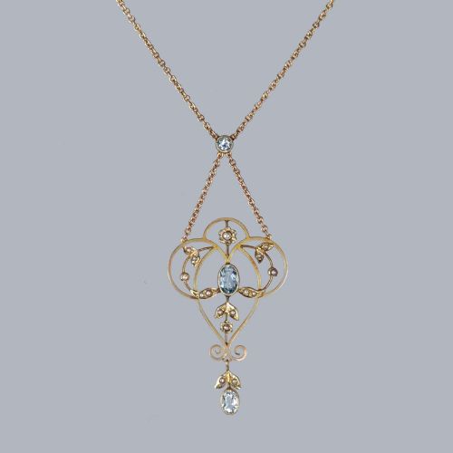 antique aquamarine and seed pearl necklace 9ct gold edwardian pendant circa 1910 - CATEGORY: ANTIQUE JEWELLERY - DATED EDWARDIAN