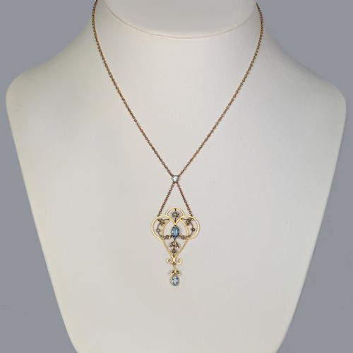 ANTIQUE AQUAMARINE AND SEED PEARL NECKLACE 9CT GOLD EDWARDIAN PENDANT CIRCA 1910 - ADDITIONAL PHOTO 1