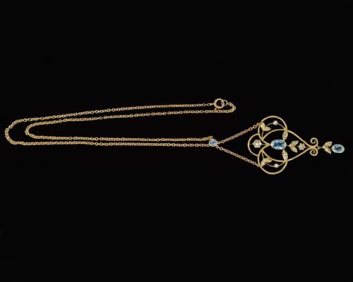 ANTIQUE AQUAMARINE AND SEED PEARL NECKLACE 9CT GOLD EDWARDIAN PENDANT CIRCA 1910 - ADDITIONAL PHOTO 2