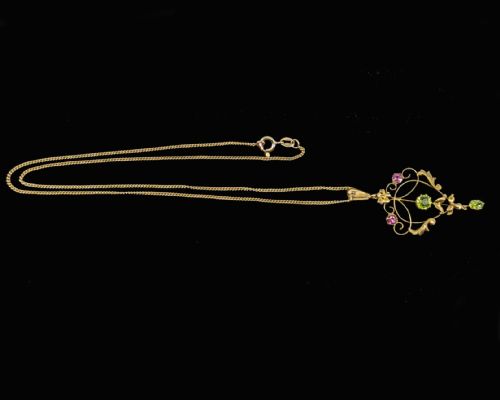 EDWARDIAN PERIDOT AND GARNET PENDANT WITH CHAIN VINTAGE 9CT GOLD ANTIQUE PENDANT - ADDITIONAL PHOTO 3