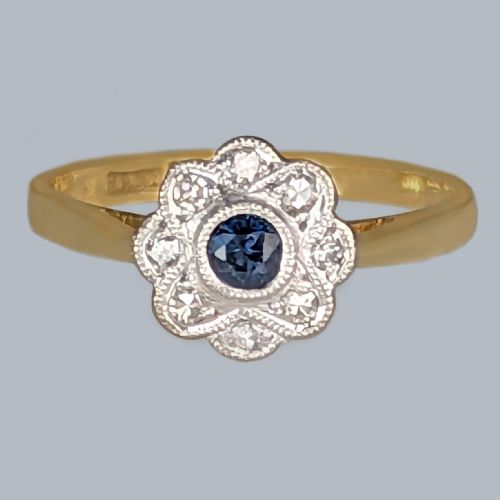 ANTIQUE SAPPHIRE DIAMOND DAISY RING 18CT GOLD PLAT EDWARDIAN FLOWER CLUSTER RING - ADDITIONAL PHOTO 1