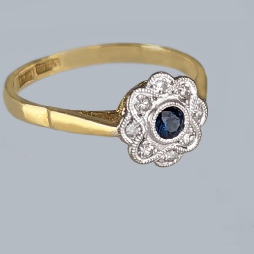 ANTIQUE SAPPHIRE DIAMOND DAISY RING 18CT GOLD PLAT EDWARDIAN FLOWER CLUSTER RING - ADDITIONAL PHOTO 2