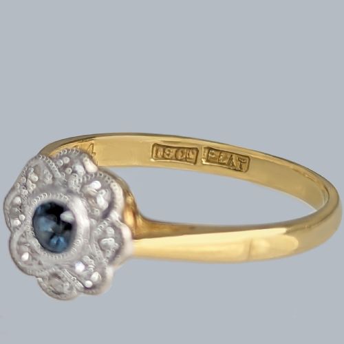 ANTIQUE SAPPHIRE DIAMOND DAISY RING 18CT GOLD PLAT EDWARDIAN FLOWER CLUSTER RING - ADDITIONAL PHOTO 4