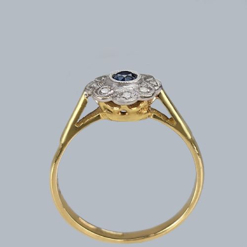 ANTIQUE SAPPHIRE DIAMOND DAISY RING 18CT GOLD PLAT EDWARDIAN FLOWER CLUSTER RING - ADDITIONAL PHOTO 5