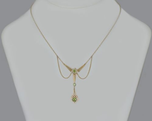 EDWARDIAN PERIDOT LAVALIERE NECKLACE 15CT GOLD ART DECO PERIDOT SEED PEARL ANTIQUE NECKLACE - ADDITIONAL PHOTO 1