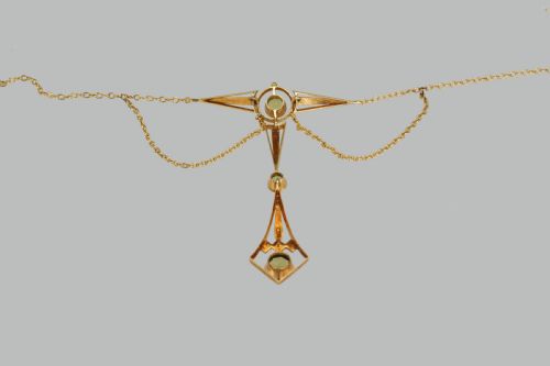 EDWARDIAN PERIDOT LAVALIERE NECKLACE 15CT GOLD ART DECO PERIDOT SEED PEARL ANTIQUE NECKLACE - ADDITIONAL PHOTO 6