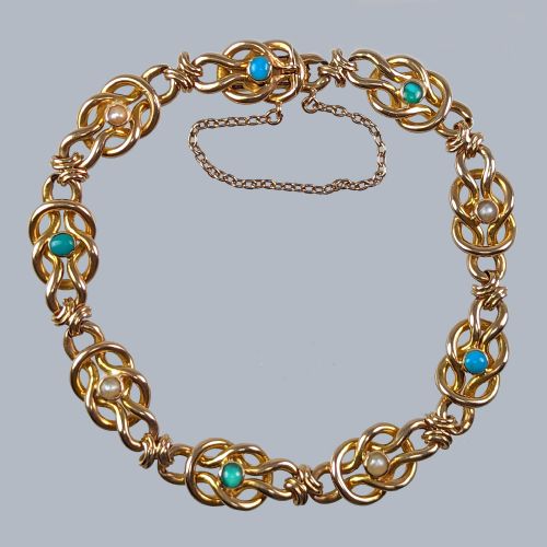 antique 15ct gold turquoise and pearl bracelet fancy link victorian bracelet - CATEGORY: ANTIQUE JEWELLERY - DATED VICTORIAN