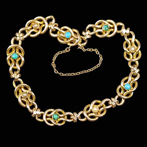 ANTIQUE 15CT GOLD TURQUOISE AND PEARL BRACELET FANCY LINK VICTORIAN BRACELET - ADDITIONAL PHOTO 1