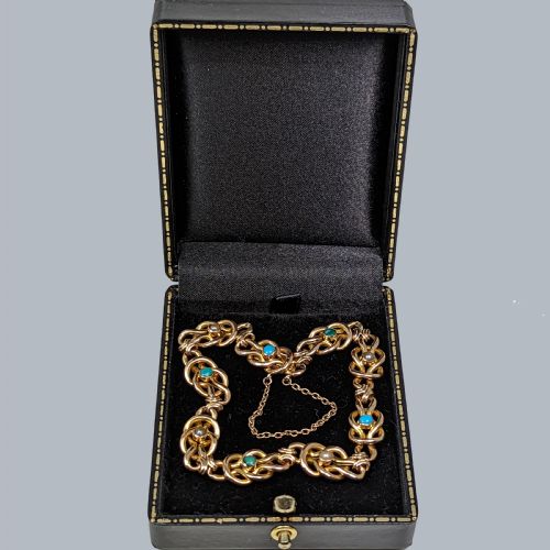 ANTIQUE 15CT GOLD TURQUOISE AND PEARL BRACELET FANCY LINK VICTORIAN BRACELET - ADDITIONAL PHOTO 2
