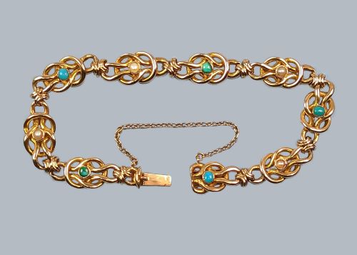 ANTIQUE 15CT GOLD TURQUOISE AND PEARL BRACELET FANCY LINK VICTORIAN BRACELET - ADDITIONAL PHOTO 3