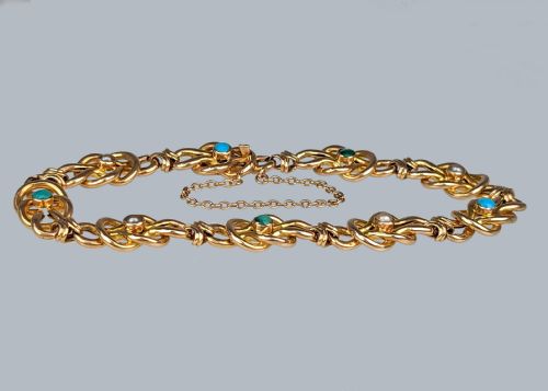 ANTIQUE 15CT GOLD TURQUOISE AND PEARL BRACELET FANCY LINK VICTORIAN BRACELET - ADDITIONAL PHOTO 4