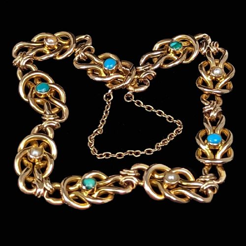 ANTIQUE 15CT GOLD TURQUOISE AND PEARL BRACELET FANCY LINK VICTORIAN BRACELET - ADDITIONAL PHOTO 5