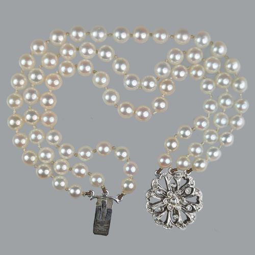 VINTAGE PEARL BRACELET 9CT GOLD DIAMOND CLUSTER CLASP 1960S TRIPLE PEARL STRAND LONDON 1966 - ADDITIONAL PHOTO 1