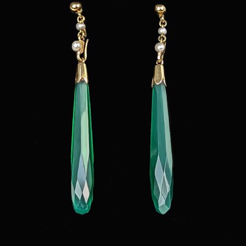 EDWARDIAN 15CT GOLD PEARL AND GREEN QUARTZ DROP EARRINGS ANTIQUE TEARDROP DANGLE - ADDITIONAL PHOTO 1