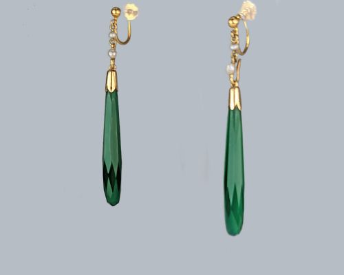 EDWARDIAN 15CT GOLD PEARL AND GREEN QUARTZ DROP EARRINGS ANTIQUE TEARDROP DANGLE - ADDITIONAL PHOTO 2