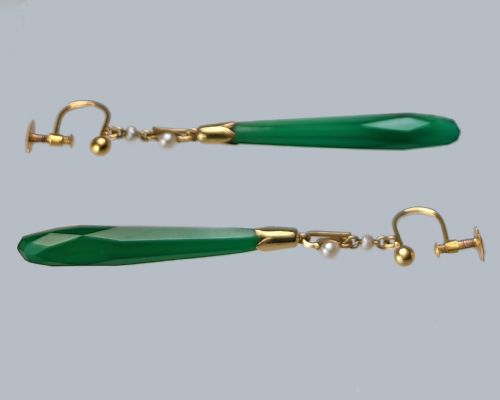 EDWARDIAN 15CT GOLD PEARL AND GREEN QUARTZ DROP EARRINGS ANTIQUE TEARDROP DANGLE - ADDITIONAL PHOTO 3