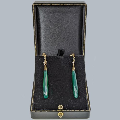 EDWARDIAN 15CT GOLD PEARL AND GREEN QUARTZ DROP EARRINGS ANTIQUE TEARDROP DANGLE - ADDITIONAL PHOTO 4