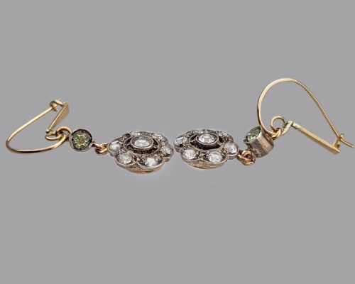 VICTORIAN FLORAL DANGLE EARRINGS 15CT GOLD SILVER ANTIQUE PASTE HOOK EARRINGS - ADDITIONAL PHOTO 2
