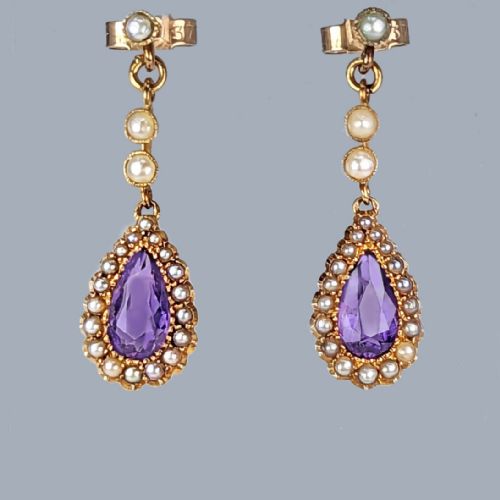 victorian amethyst pearl drop earrings 15ct gold antique dangle post earrings - CATEGORY: ANTIQUE JEWELLERY - DATED VICTORIAN