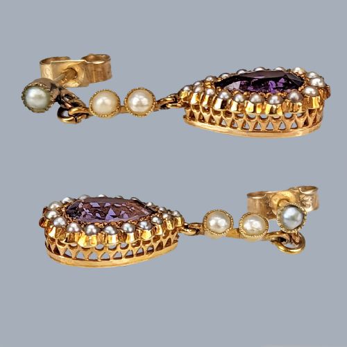 VICTORIAN AMETHYST PEARL DROP EARRINGS 15CT GOLD ANTIQUE DANGLE POST EARRINGS - ADDITIONAL PHOTO 1