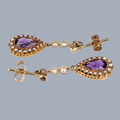 VICTORIAN AMETHYST PEARL DROP EARRINGS 15CT GOLD ANTIQUE DANGLE POST EARRINGS - ADDITIONAL PHOTO 2
