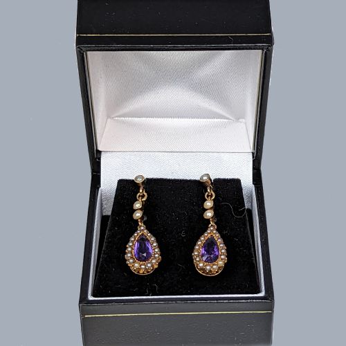 VICTORIAN AMETHYST PEARL DROP EARRINGS 15CT GOLD ANTIQUE DANGLE POST EARRINGS - ADDITIONAL PHOTO 4