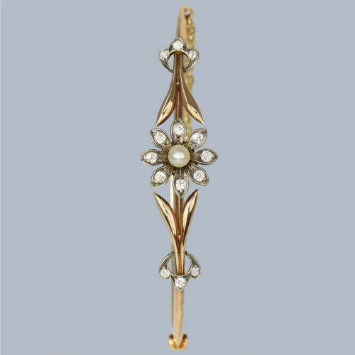 VICTORIAN DIAMOND AND PEARL BANGLE 15CT GOLD ANTIQUE DIAMOND FLORAL BANGLE CIRCA 1890 - ADDITIONAL PHOTO 4