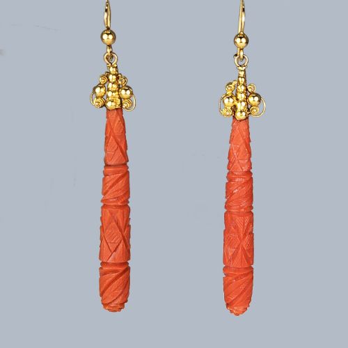 georgian coral drop earrings antique carved coral dangle vintage earrings circa 1820 - CATEGORY: ANTIQUE JEWELLERY - DATED GEORGIAN