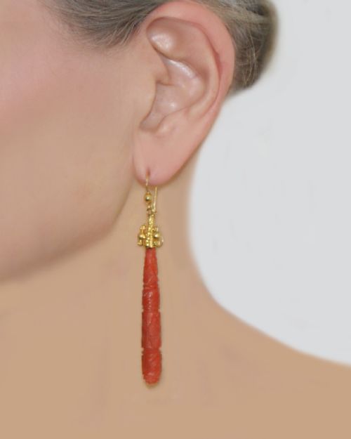 GEORGIAN CORAL DROP EARRINGS ANTIQUE CARVED CORAL DANGLE VINTAGE EARRINGS CIRCA 1820 - ADDITIONAL PHOTO 1