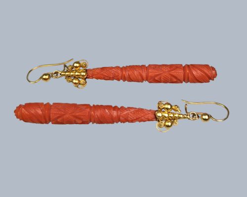 GEORGIAN CORAL DROP EARRINGS ANTIQUE CARVED CORAL DANGLE VINTAGE EARRINGS CIRCA 1820 - ADDITIONAL PHOTO 2