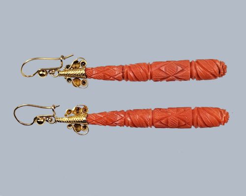 GEORGIAN CORAL DROP EARRINGS ANTIQUE CARVED CORAL DANGLE VINTAGE EARRINGS CIRCA 1820 - ADDITIONAL PHOTO 3