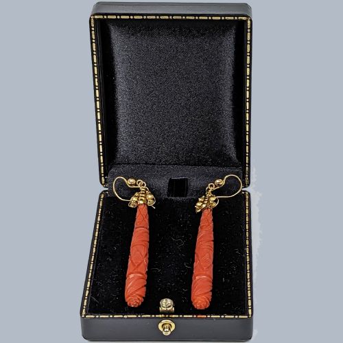 GEORGIAN CORAL DROP EARRINGS ANTIQUE CARVED CORAL DANGLE VINTAGE EARRINGS CIRCA 1820 - ADDITIONAL PHOTO 4