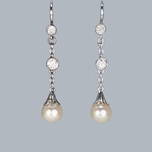 edwardian diamond and pearl drop earrings platinum antique hook dangle earrings - CATEGORY: ANTIQUE LIGHTING - DATED EDWARDIAN