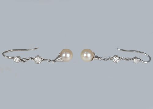 EDWARDIAN DIAMOND AND PEARL DROP EARRINGS PLATINUM ANTIQUE HOOK DANGLE EARRINGS - ADDITIONAL PHOTO 1