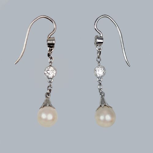 EDWARDIAN DIAMOND AND PEARL DROP EARRINGS PLATINUM ANTIQUE HOOK DANGLE EARRINGS - ADDITIONAL PHOTO 2