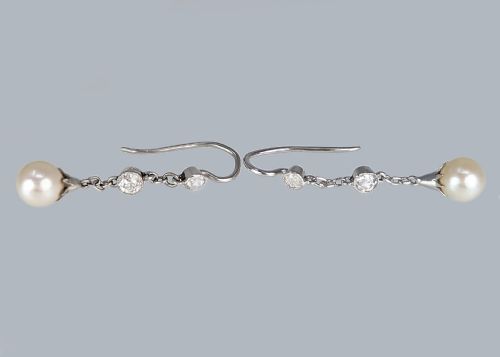 EDWARDIAN DIAMOND AND PEARL DROP EARRINGS PLATINUM ANTIQUE HOOK DANGLE EARRINGS - ADDITIONAL PHOTO 3