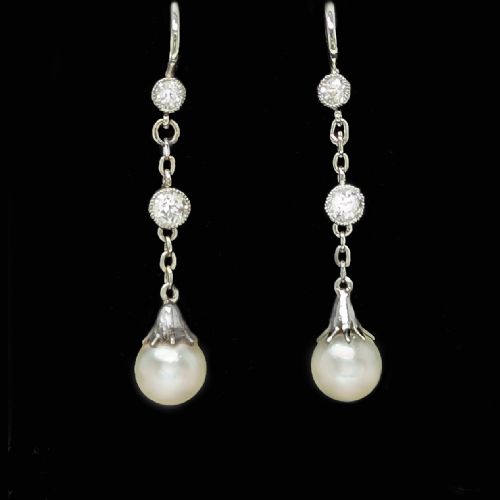 EDWARDIAN DIAMOND AND PEARL DROP EARRINGS PLATINUM ANTIQUE HOOK DANGLE EARRINGS - ADDITIONAL PHOTO 4