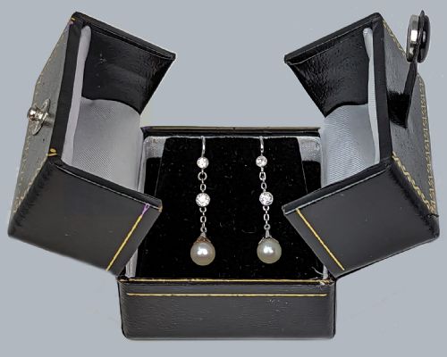 EDWARDIAN DIAMOND AND PEARL DROP EARRINGS PLATINUM ANTIQUE HOOK DANGLE EARRINGS - ADDITIONAL PHOTO 5