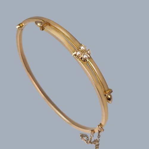 ANTIQUE 15CT GOLD PEARL CLOVER HINGED BANGLE VICTORIAN PEARL BRACELET CIRCA 1890 - ADDITIONAL PHOTO 6