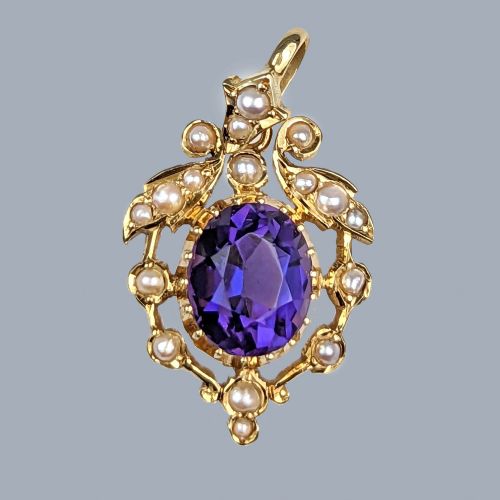 EDWARDIAN AMETHYST PEARL FOLIATE PENDANT VINTAGE 9CT GOLD ANTIQUE PENDANT CIRCA 1905 - ADDITIONAL PHOTO 1