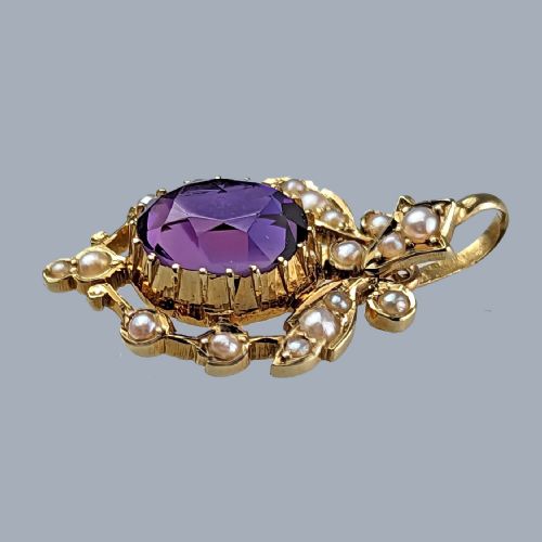 EDWARDIAN AMETHYST PEARL FOLIATE PENDANT VINTAGE 9CT GOLD ANTIQUE PENDANT CIRCA 1905 - ADDITIONAL PHOTO 2
