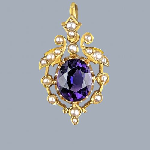 edwardian amethyst pearl foliate pendant vintage 9ct gold antique pendant circa 1905 - CATEGORY: ANTIQUE JEWELLERY - DATED EDWARDIAN