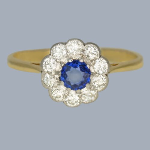 antique sapphire and diamond cluster ring 18ct gold 1920s art deco daisy ring - CATEGORY: ANTIQUE JEWELLERY - DATED 1920